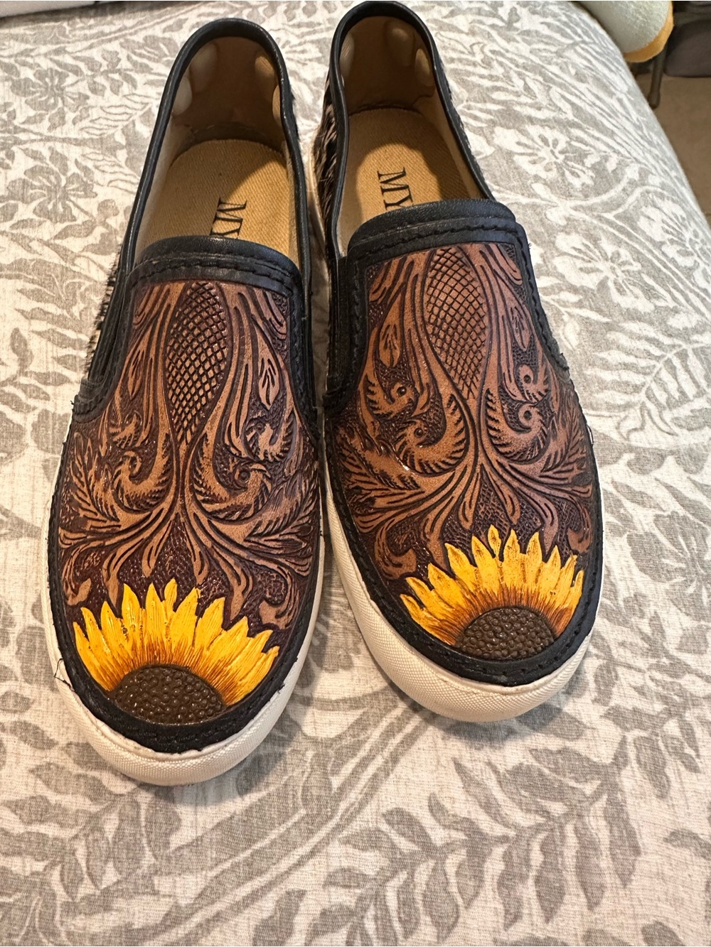 Brown Leather Sunflower Slip-On Sneakers